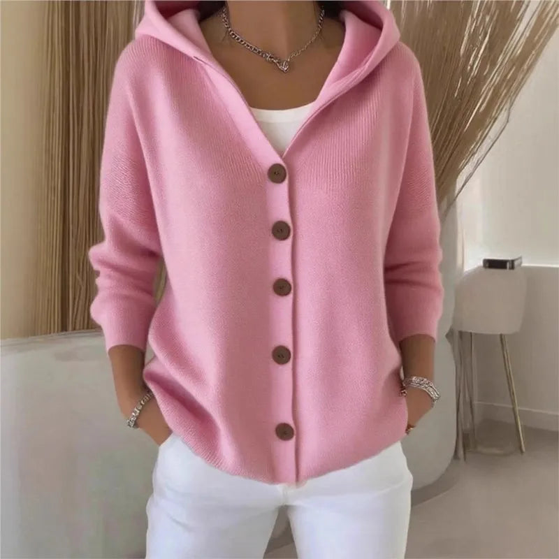 Solid Color Button Knit Hooded Sweater Cardigan Jacket For Autumn Winter New Casual Fashionable Women's Clothing Pulls Femmes
