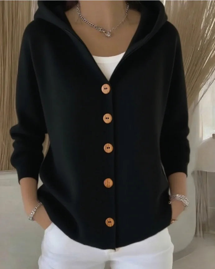 Solid Color Button Knit Hooded Sweater Cardigan Jacket For Autumn Winter New Casual Fashionable Women's Clothing Pulls Femmes