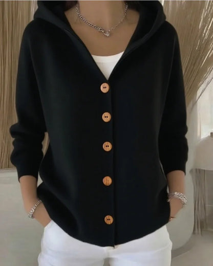 Solid Color Button Knit Hooded Sweater Cardigan Jacket For Autumn Winter New Casual Fashionable Women's Clothing Pulls Femmes