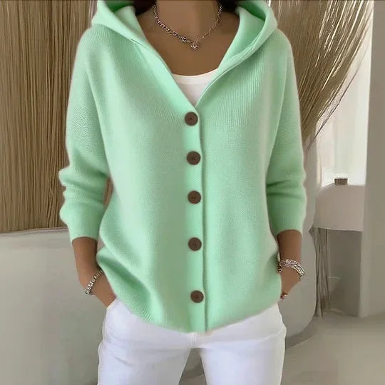Solid Color Button Knit Hooded Sweater Cardigan Jacket For Autumn Winter New Casual Fashionable Women's Clothing Pulls Femmes