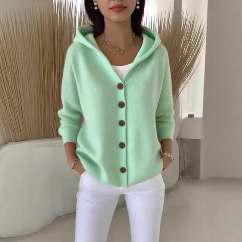 Solid Color Button Knit Hooded Sweater Cardigan Jacket For Autumn Winter New Casual Fashionable Women's Clothing Pulls Femmes